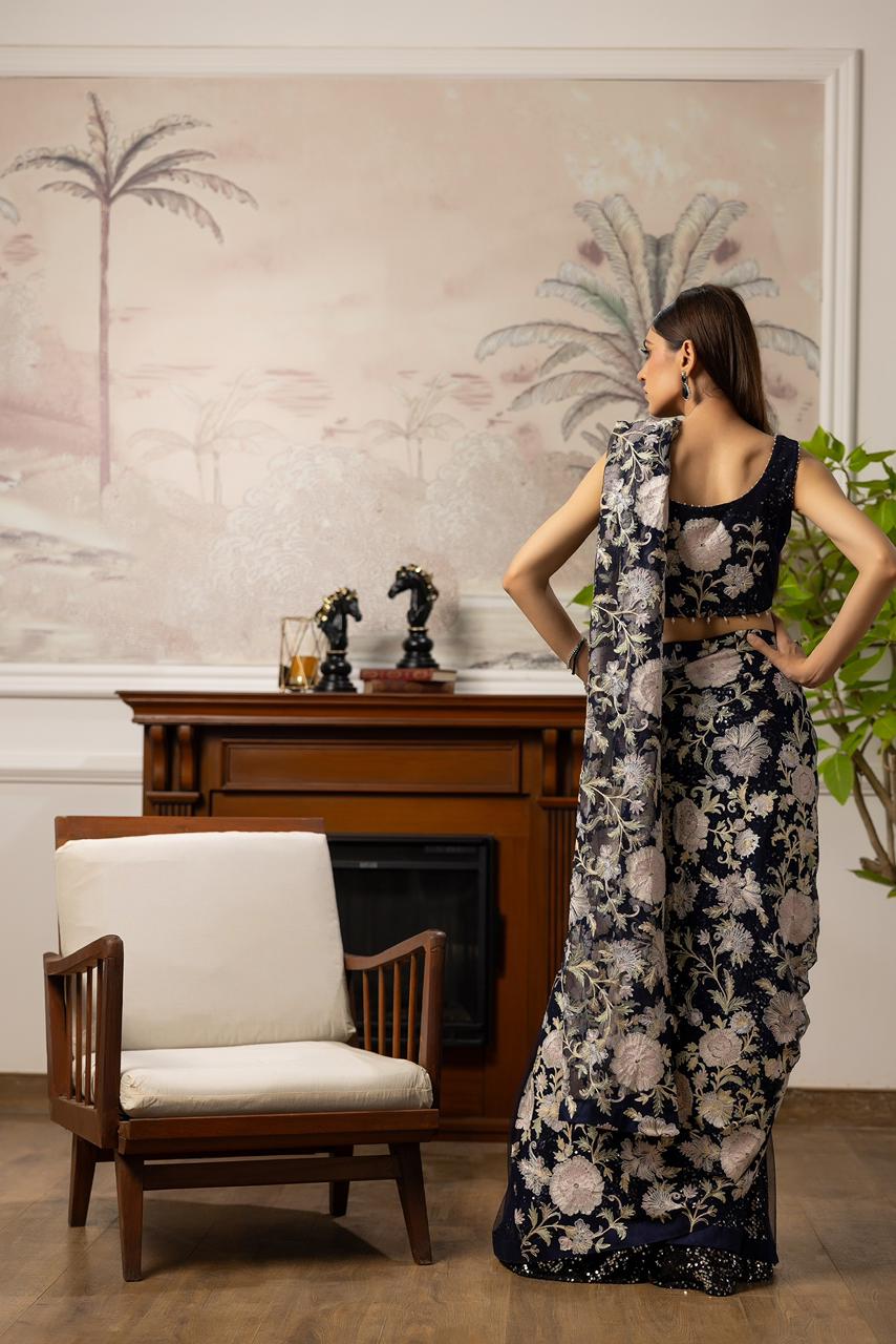 A beautiful blue embroidered Sequins Sari (9035.1)