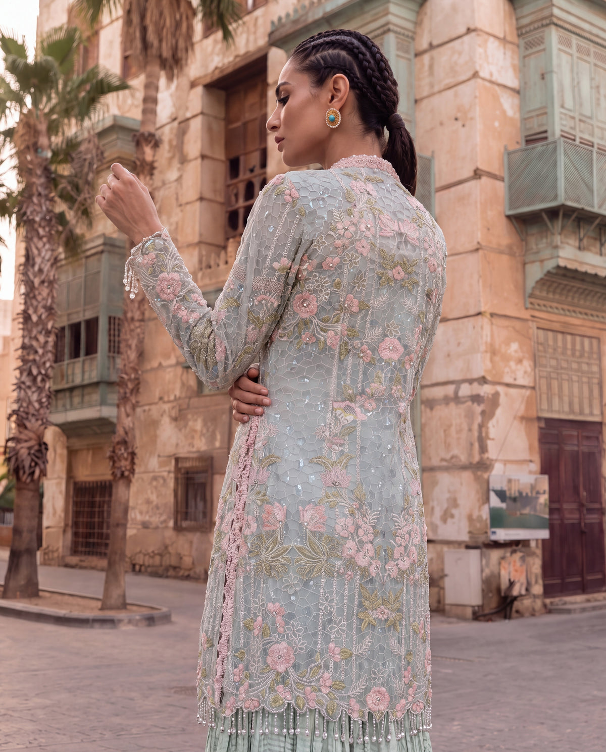 Powder Blue Embroidered Jacket with Crushed Georgette Skirt-(CG-9)