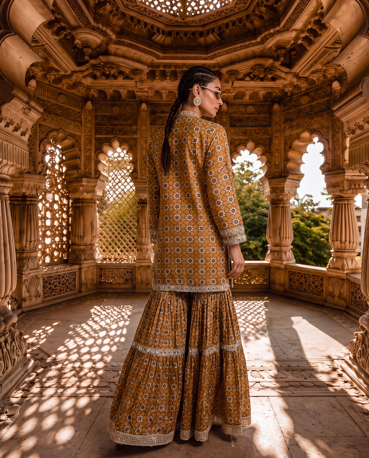 Mustard Ajrakh Kurta Gharara Set with Mirror Work-(TAG-8100)