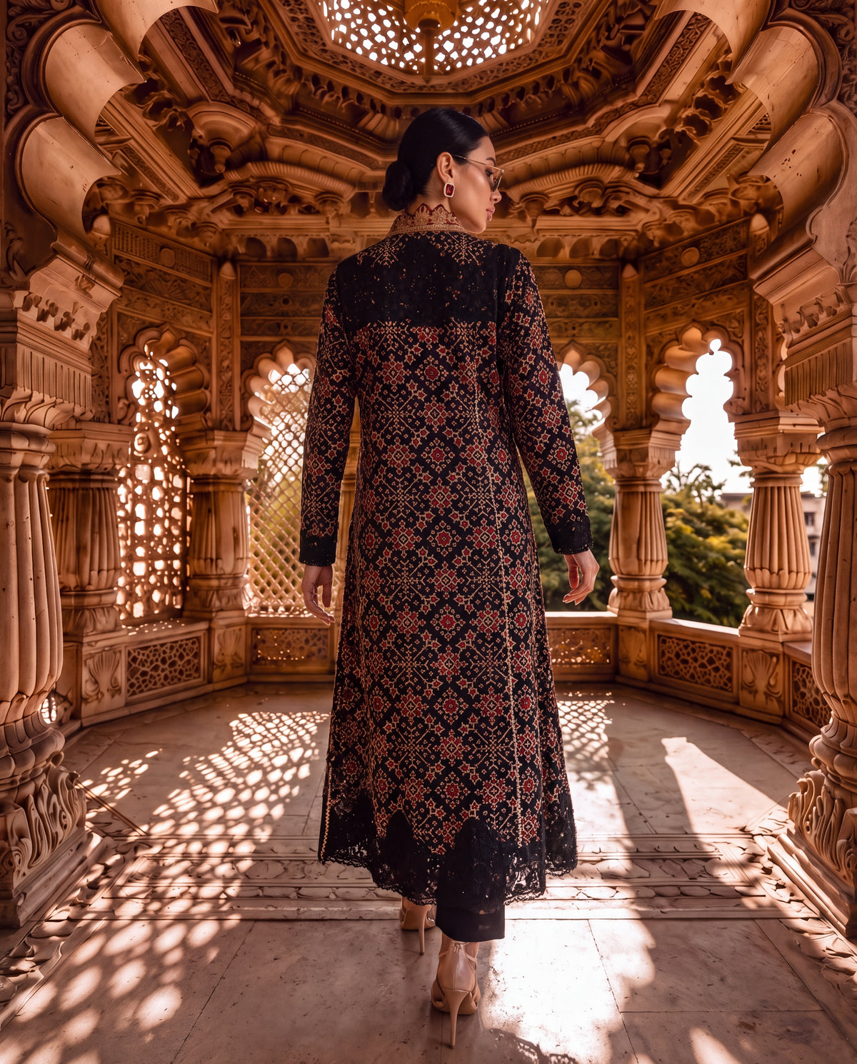 Black Ajrakh Kurta with Kashmiri Tilla Work & Lace Borders-(TKW-2223)