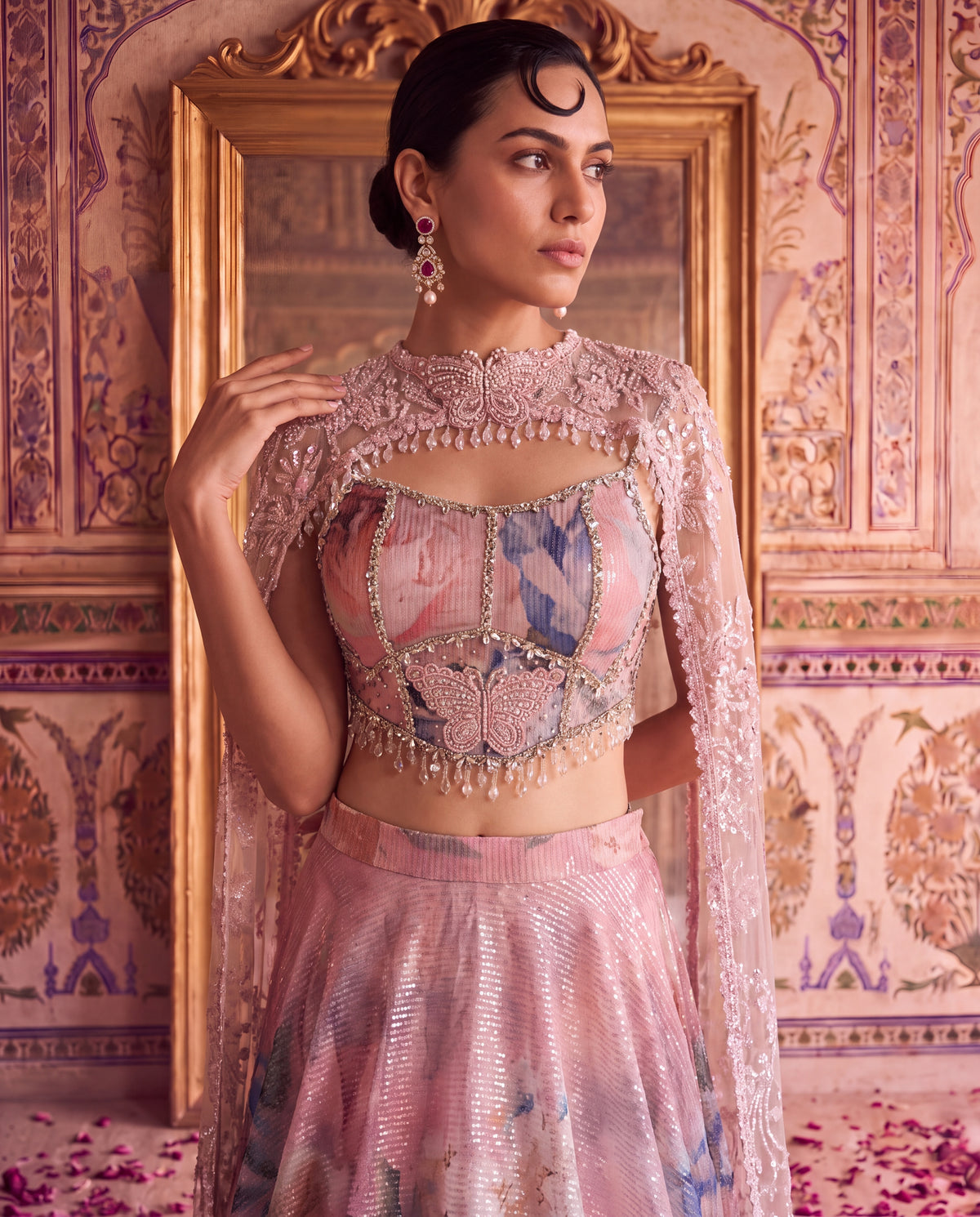 Pink Floral Sequinned Ghagra Set with Embroidered Net Cape-(PPBG-180)