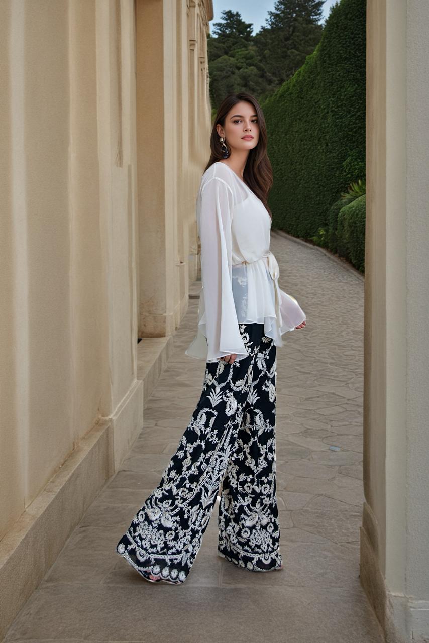Embroidered pants and chiffon top