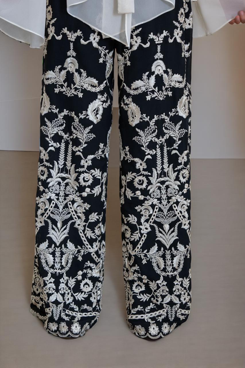 Embroidered pants and chiffon top