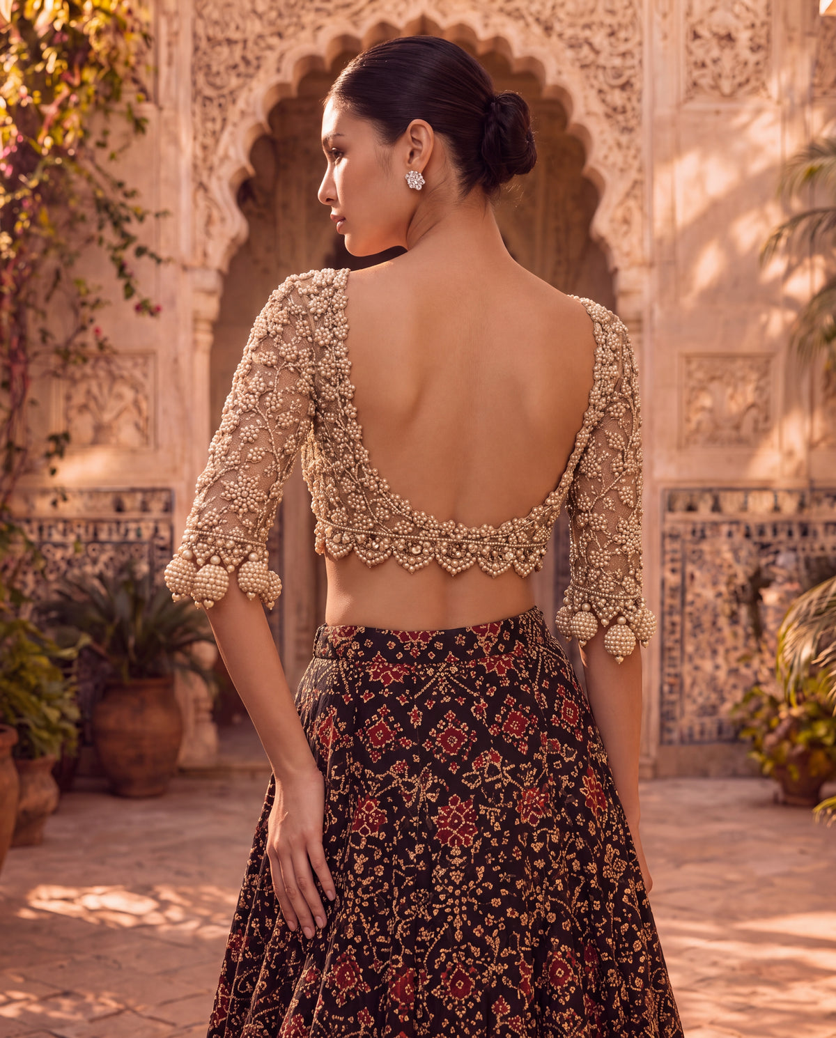 Hand-Embroidered Net Blouse with Beaded Tassels & Patola Ghagra-(SR-9)