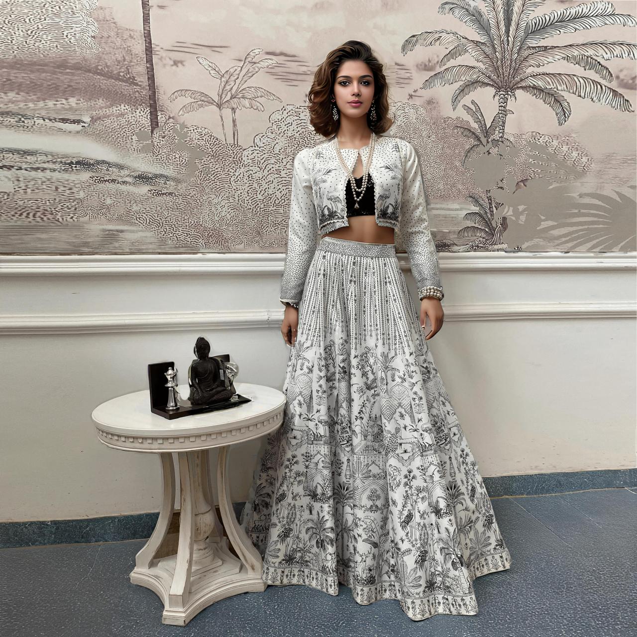 An off white and black ghagra set