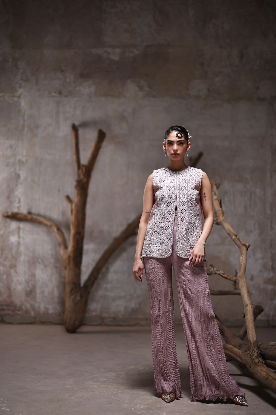 An organza embroidered jacket with crushed pants- (9541.1)