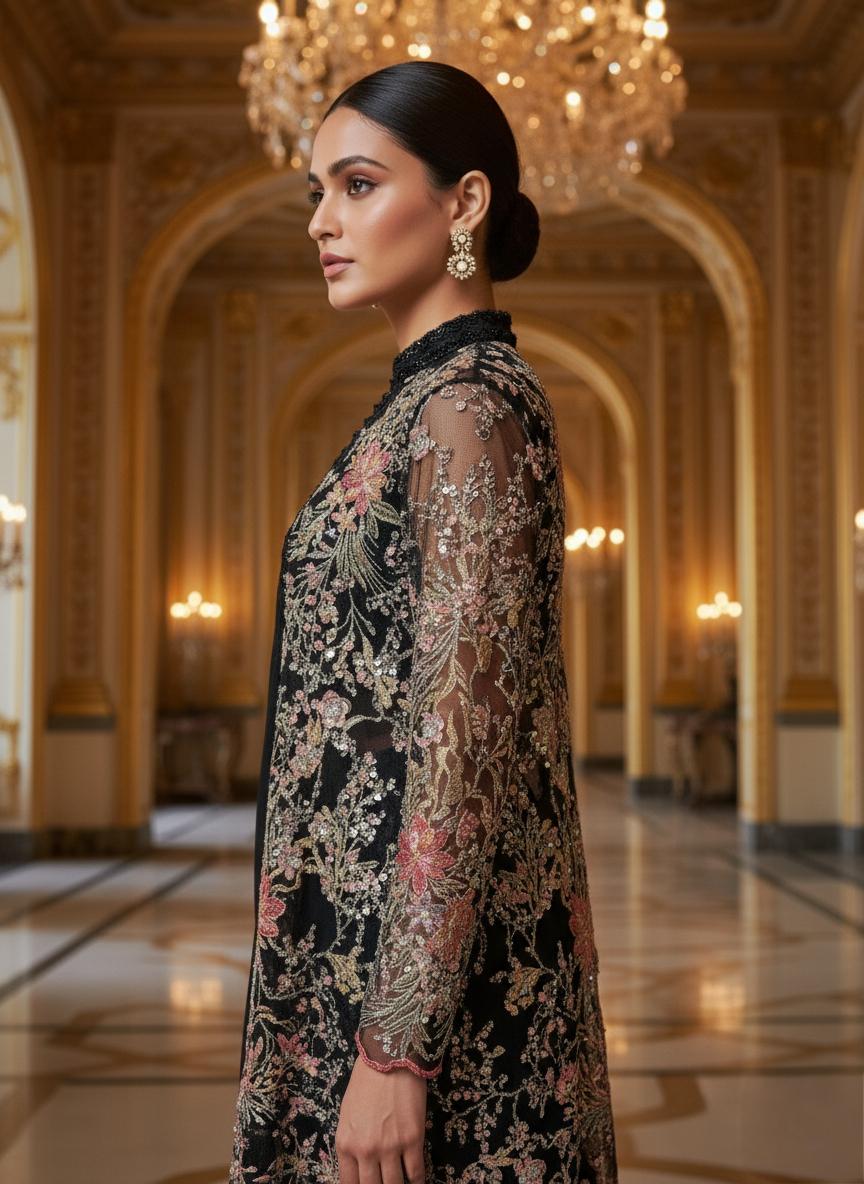 An embroidered jacket with a gown