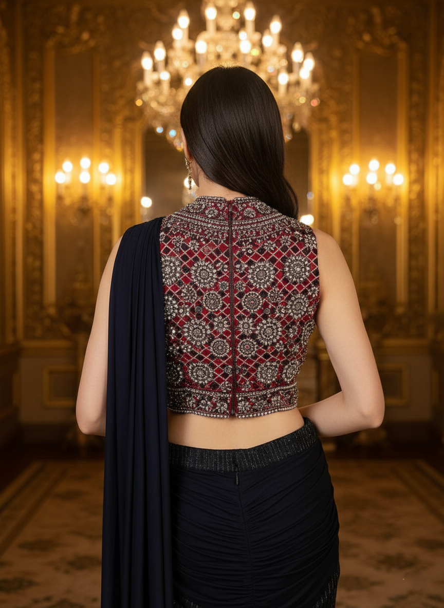 An Ajrakh blouse and draped sari