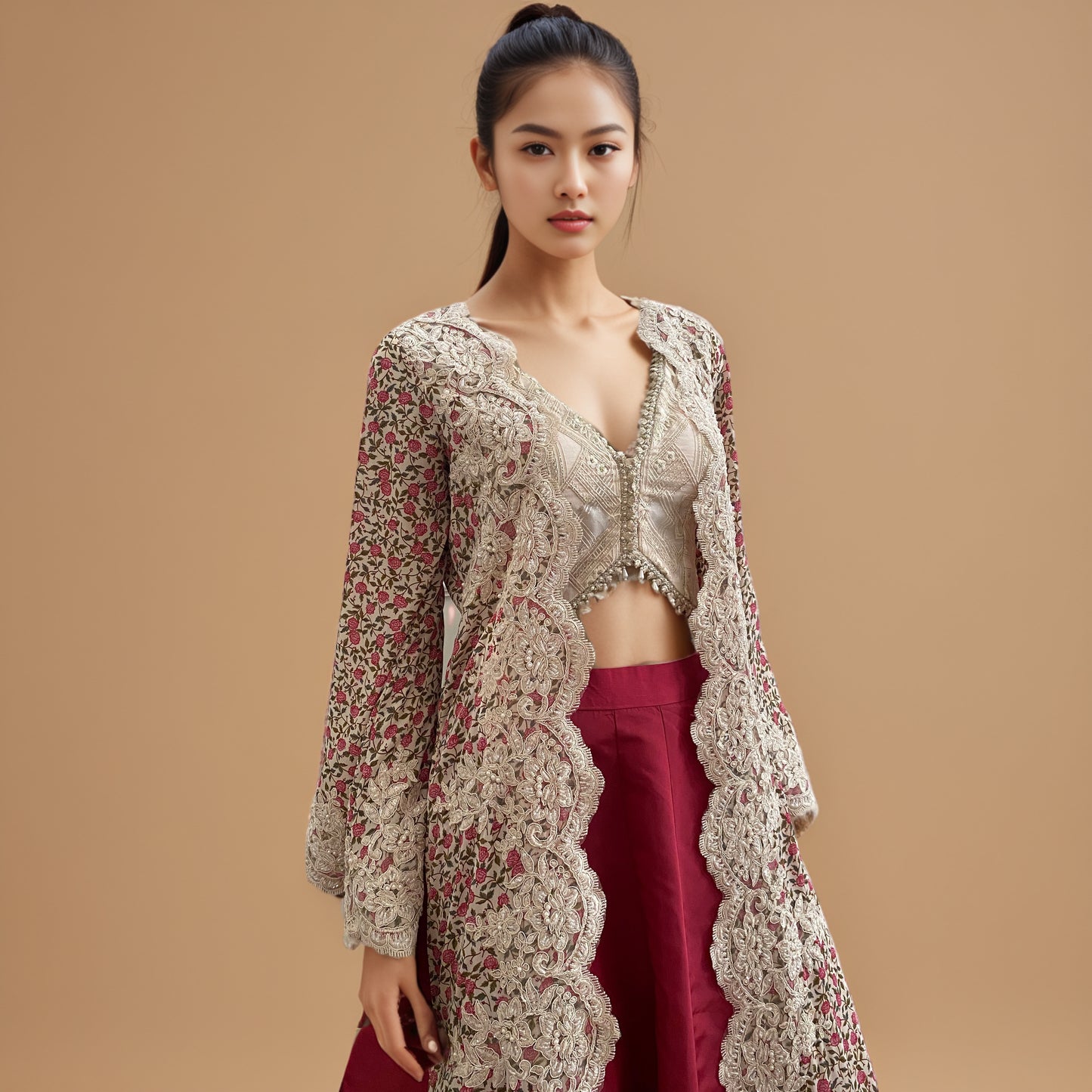 A long jacket, blouse and ghagra- (9403)