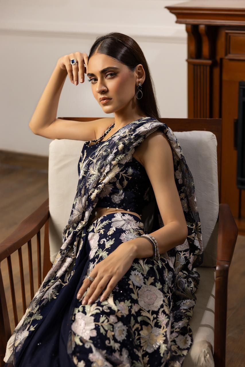 A beautiful blue embroidered Sequins Sari (9035.1)