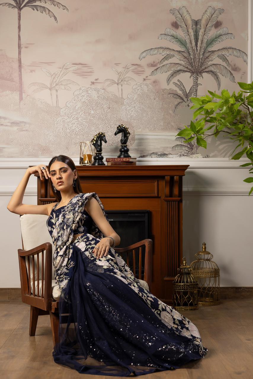 A beautiful blue embroidered Sequins Sari (9035.1)
