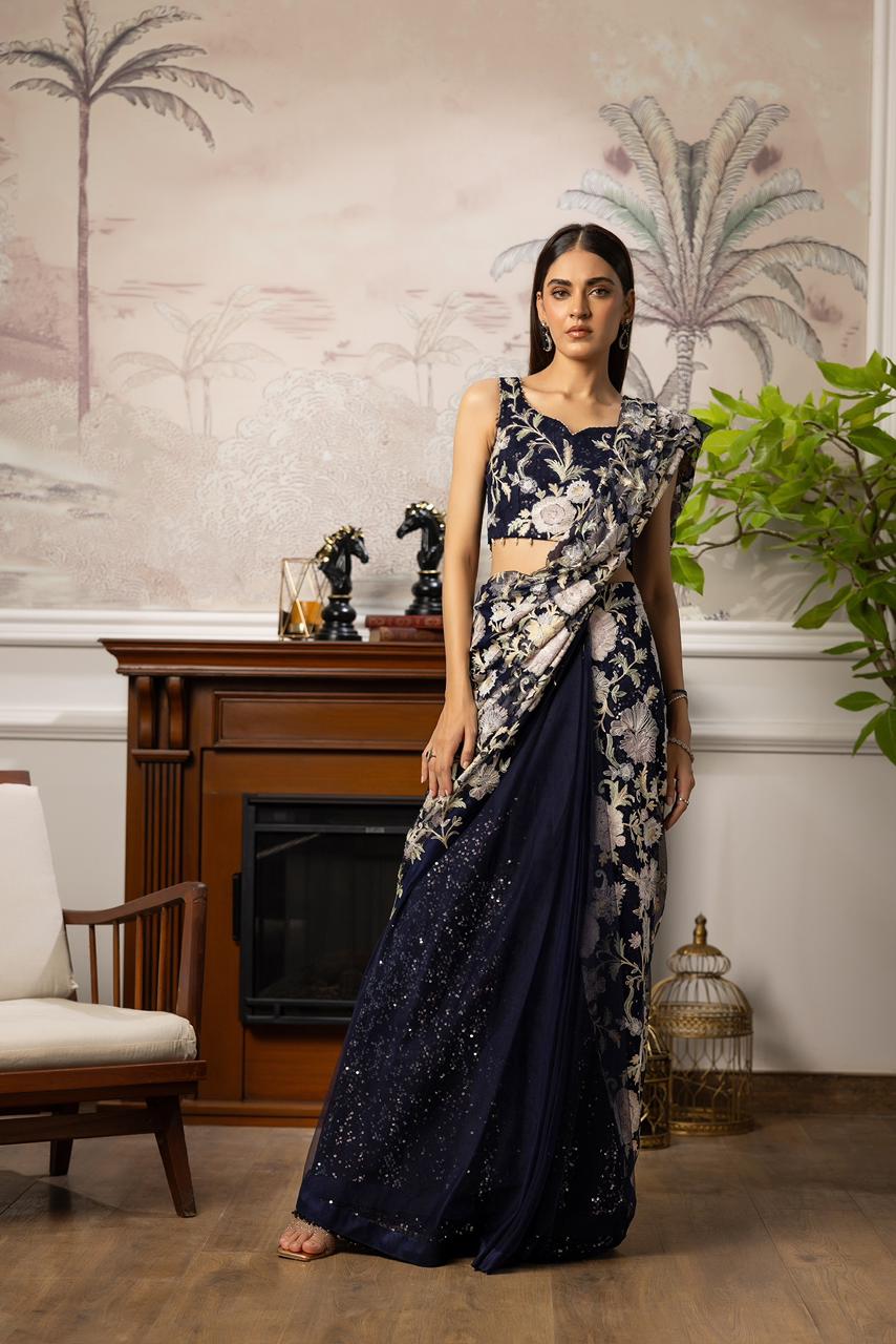 A beautiful blue embroidered Sequins Sari (9035.1)