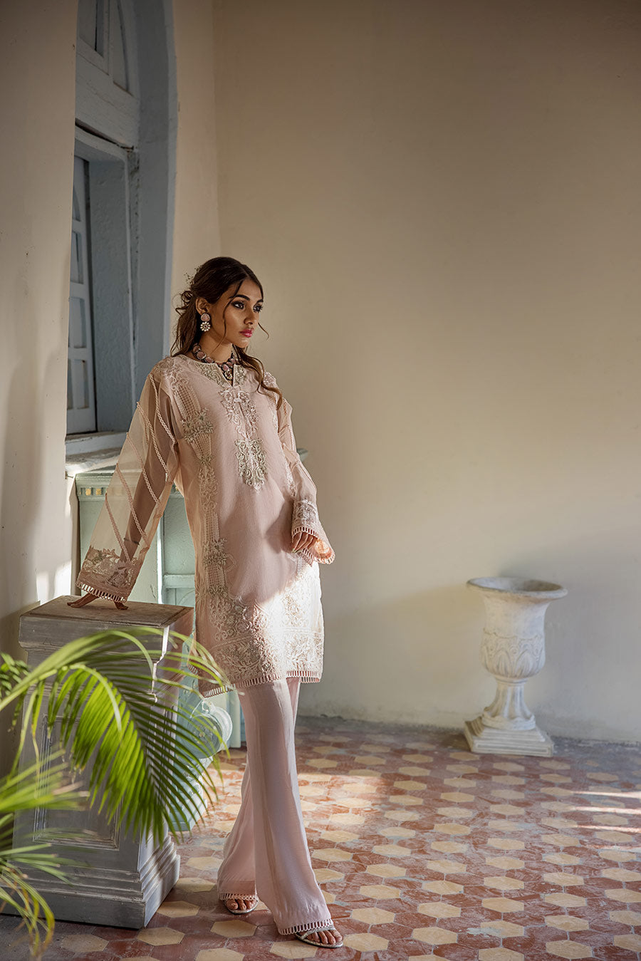 Light Pink Embroidered Organza Tunic (OA-7644)