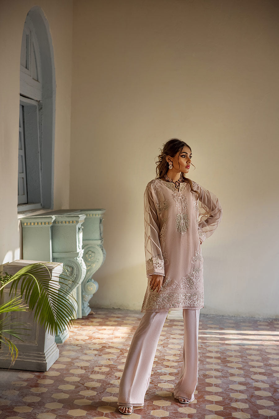 Light Pink Embroidered Organza Tunic (OA-7644)