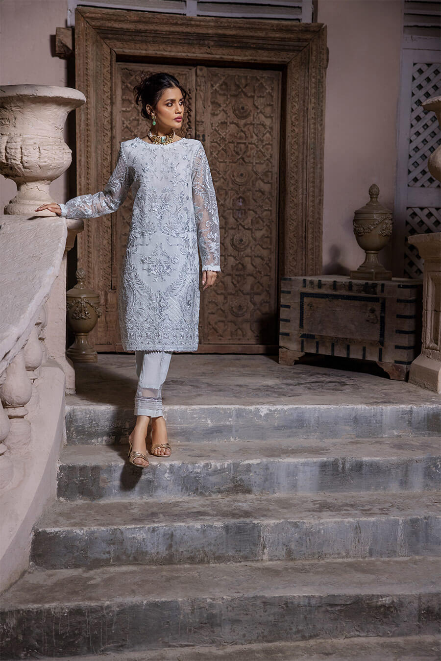 Powder Blue Embroidered Tunic (OA-7818)