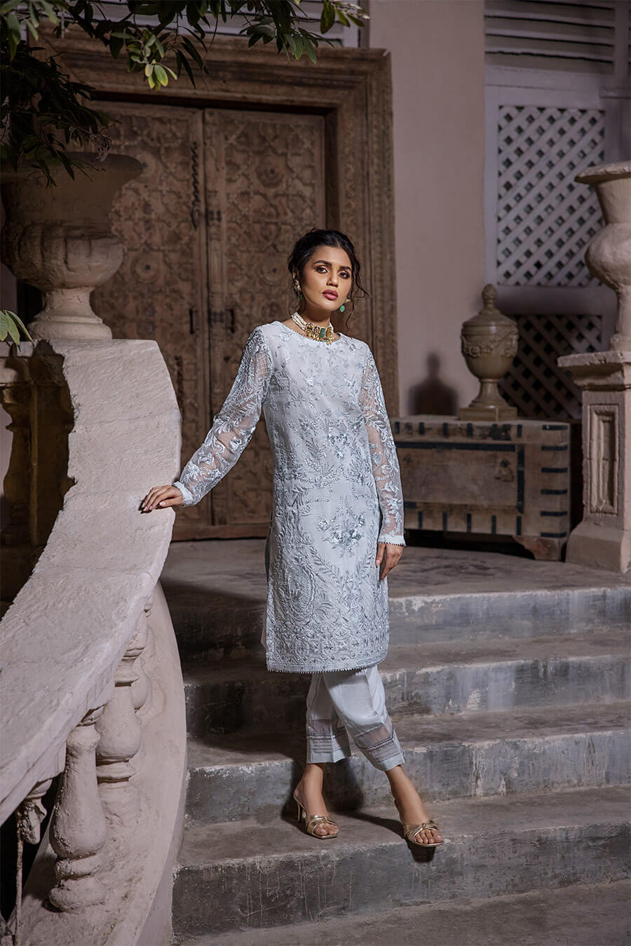 Powder Blue Embroidered Tunic (OA-7818)