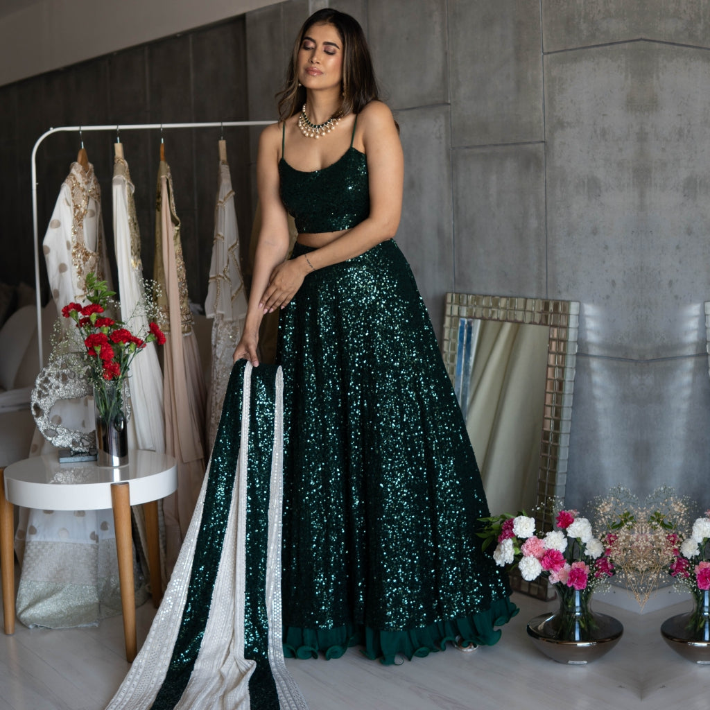Green Choli & Ghagra with Off White Dupatta (OA-17)