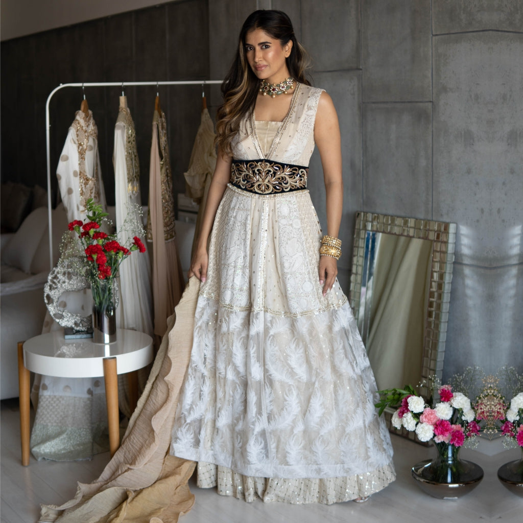 Off White Mukaish Jacket with Skirt & Velvet Embroidered Belt (OA-19)