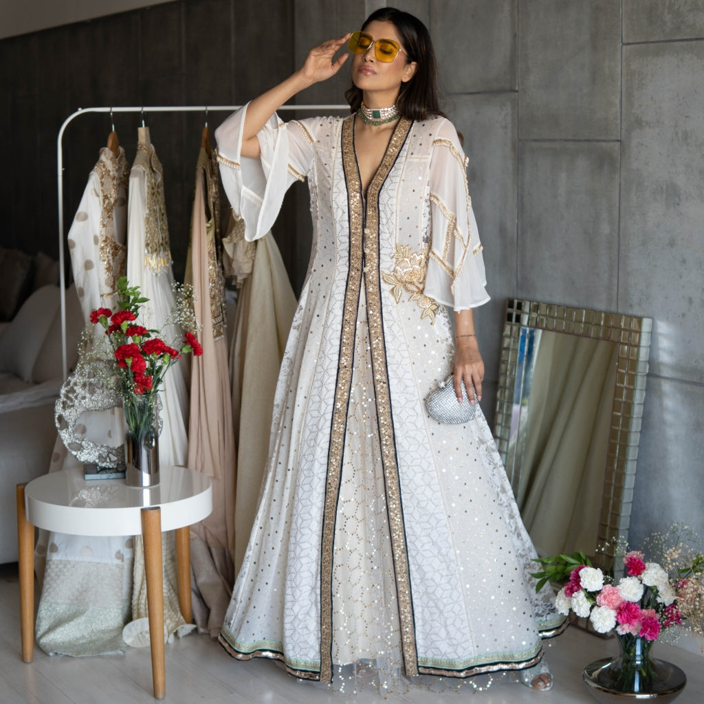 Off White Mukaish Kalidar Jacket with Skirt (OA-15)