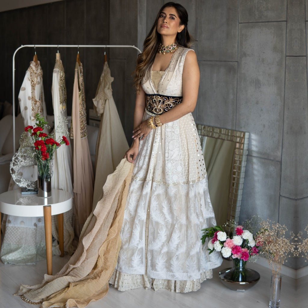 Off White Mukaish Jacket with Skirt & Velvet Embroidered Belt (OA-19)