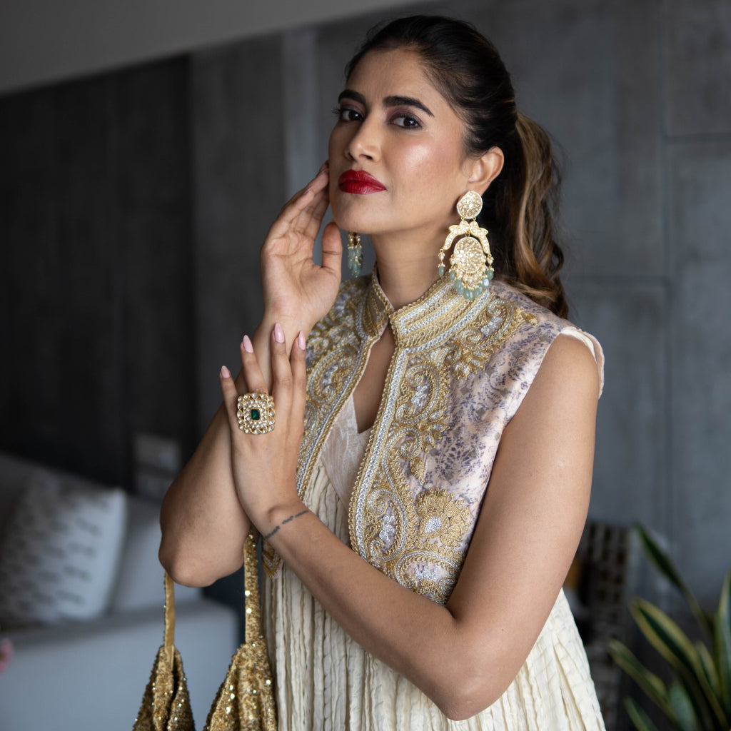 Gold Crushed Anarkali with Silk Koti (OA-13)