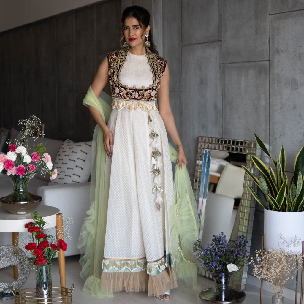 Off White Anarkali with Velvet Koti & Ruffled Dupatta (OA-20)