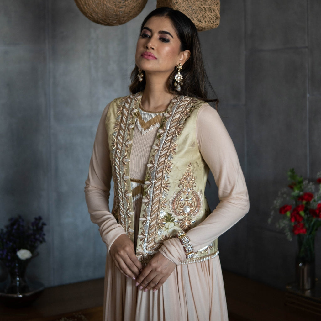 Beige Anarkali with Pista Green Koti (OA-23)