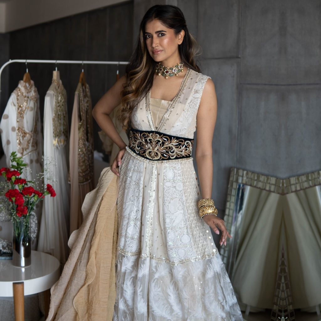 Off White Mukaish Jacket with Skirt & Velvet Embroidered Belt (OA-19)