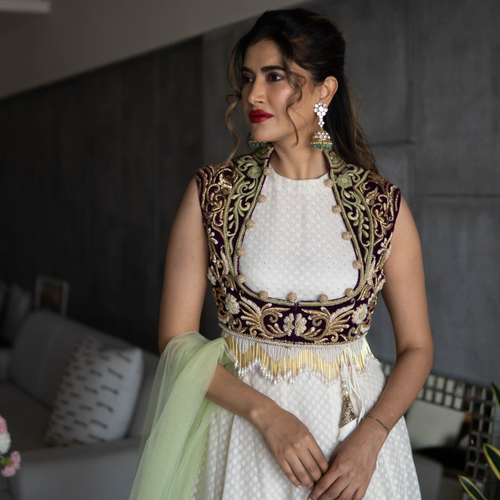 Off White Anarkali with Velvet Koti & Ruffled Dupatta (OA-20)