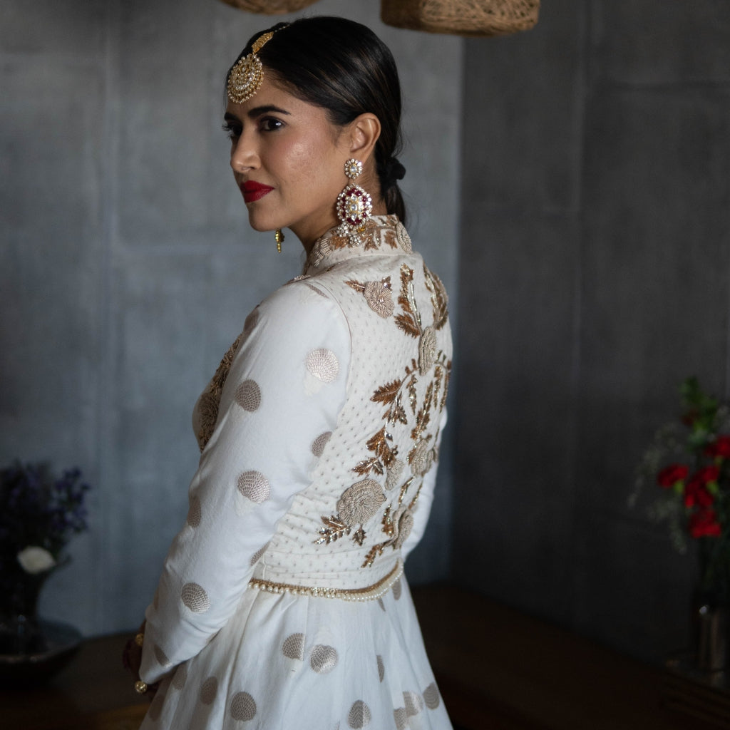 Off White Chanderi Anarkali with Koti & Ruffled Dupatta (OA-14)