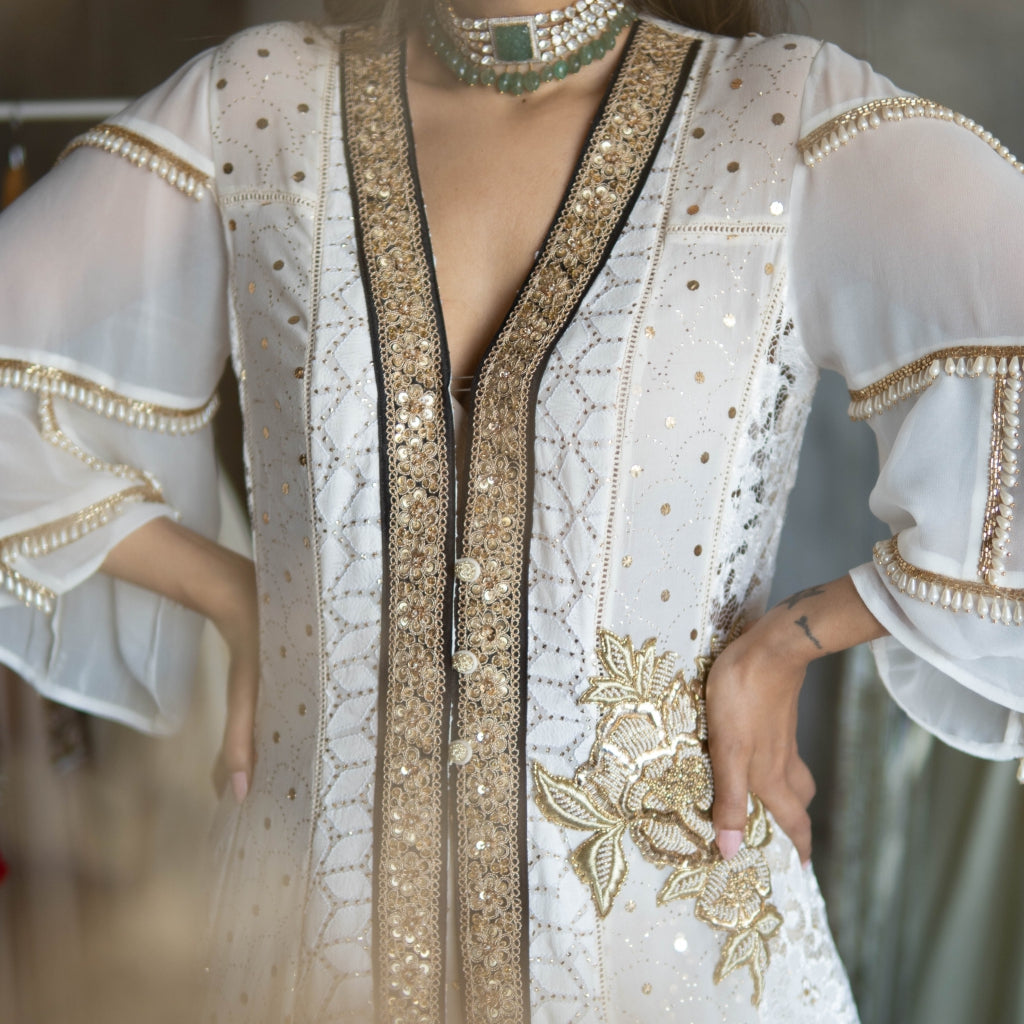 Off White Mukaish Kalidar Jacket with Skirt (OA-15)