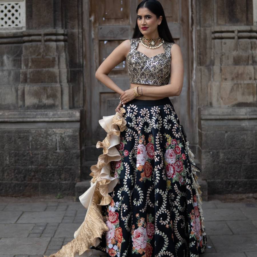 Black Blouse with Embroidered Ghagra & Ruffled Dupatta (AB-51)