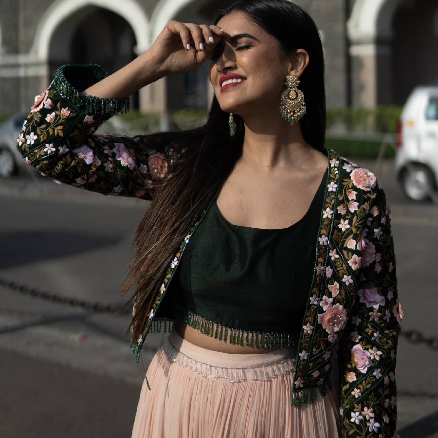 Emerald Green Jacket with Peach Gathered Skirt (AB-52)