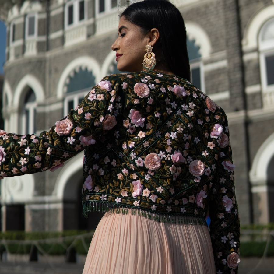 Emerald Green Jacket with Peach Gathered Skirt (AB-52)