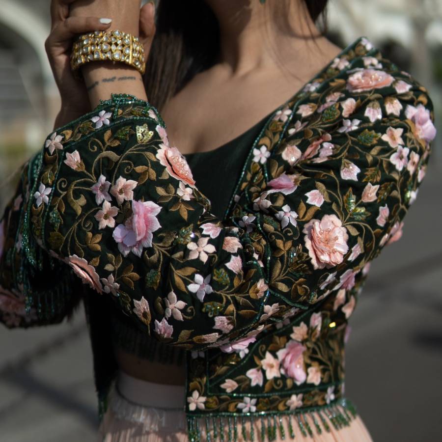 Emerald Green Jacket with Peach Gathered Skirt (AB-52)
