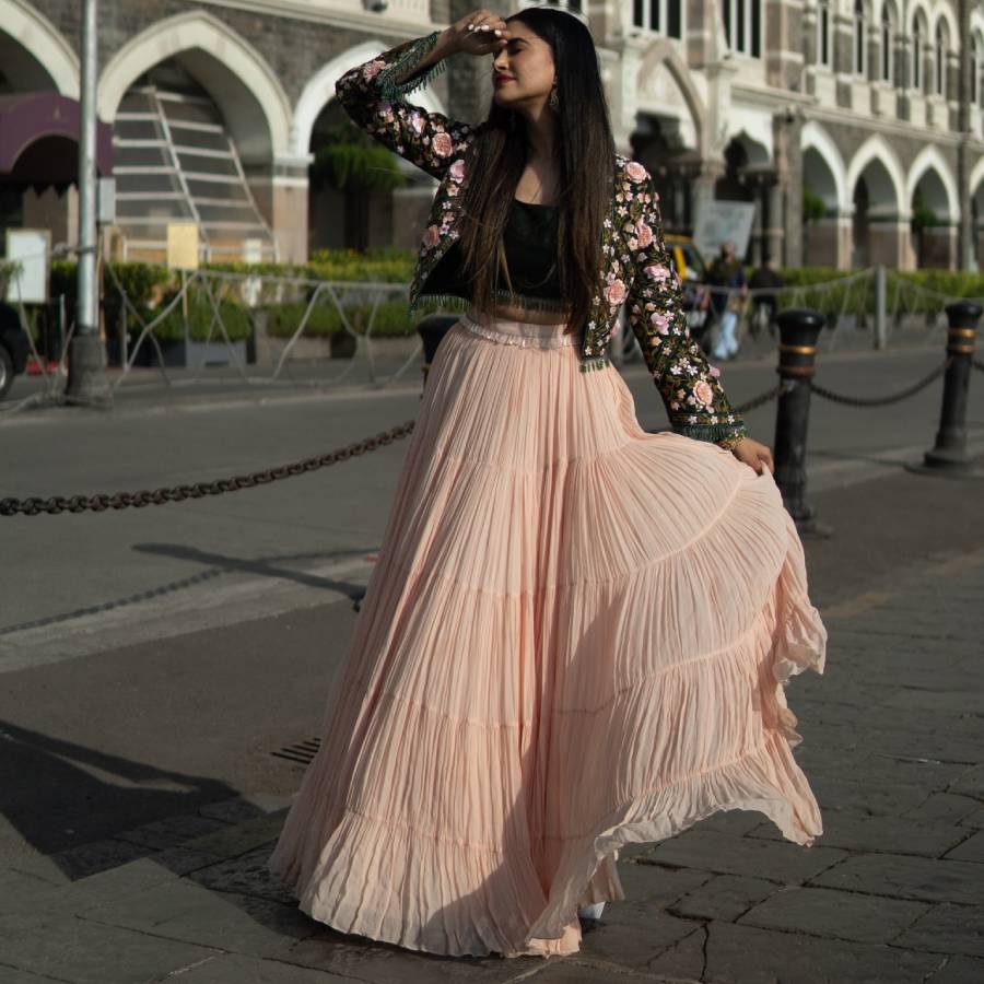 Emerald Green Jacket with Peach Gathered Skirt (AB-52)