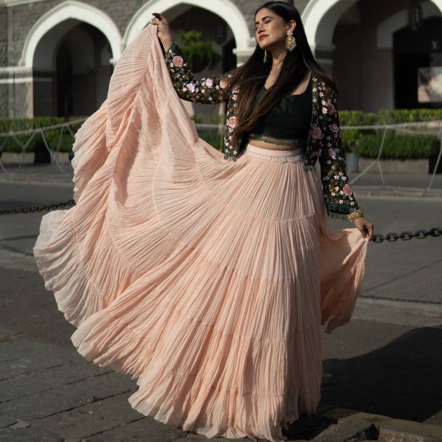 Emerald Green Jacket with Peach Gathered Skirt (AB-52)