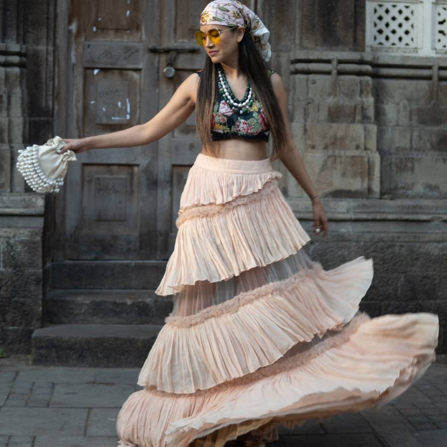 Black Embroidered Crop Top with Peach Gathered Skirt (AB-53)