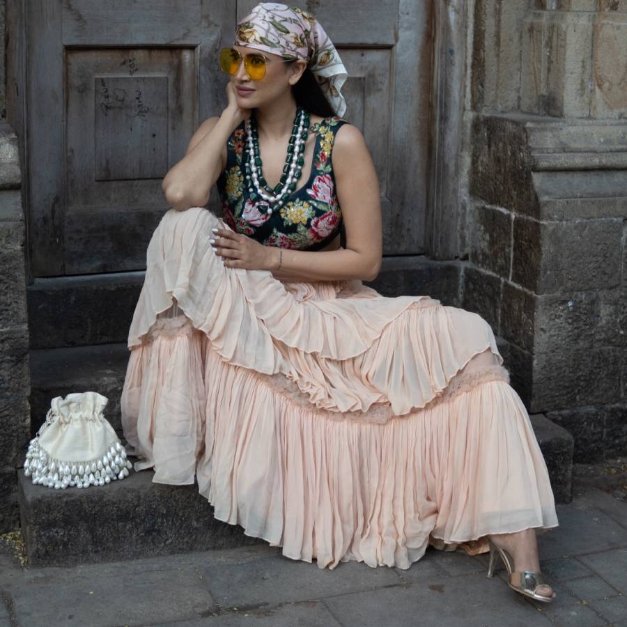 Black Embroidered Crop Top with Peach Gathered Skirt (AB-53)