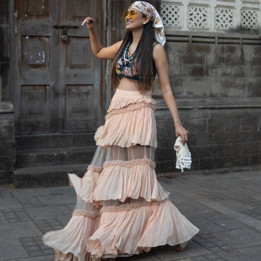 Black Embroidered Crop Top with Peach Gathered Skirt (AB-53)