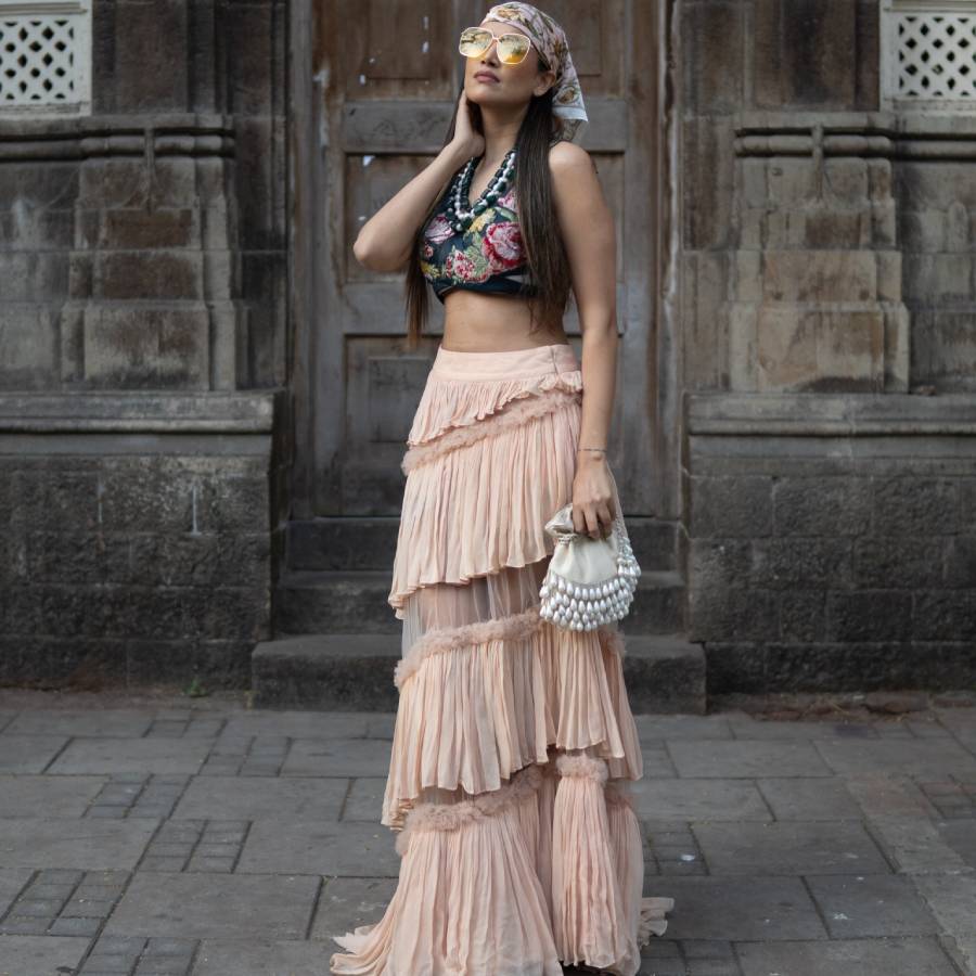 Black Embroidered Crop Top with Peach Gathered Skirt (AB-53)