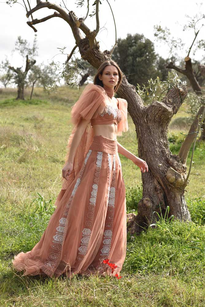 Peach Choli & Embroidered Ghagra with Ruffled Dupatta (OA-85)