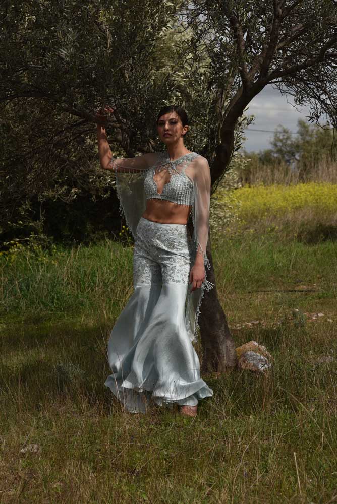 Embroidered Pallazo Pant & Crop Top with Organza Cape (OA-67)