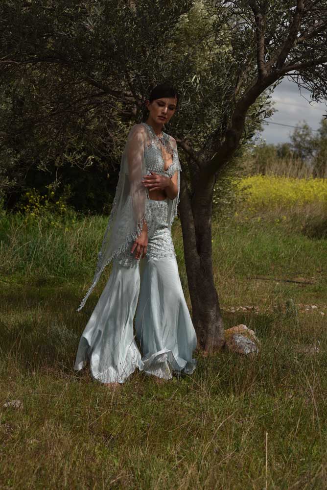 Embroidered Pallazo Pant & Crop Top with Organza Cape (OA-67)
