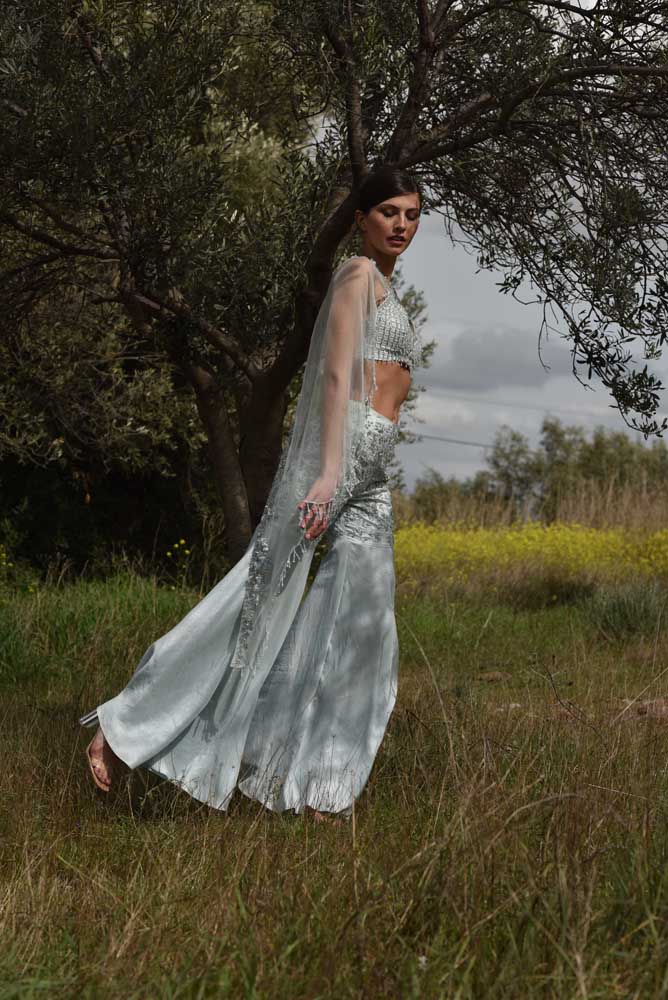 Embroidered Pallazo Pant & Crop Top with Organza Cape (OA-67)