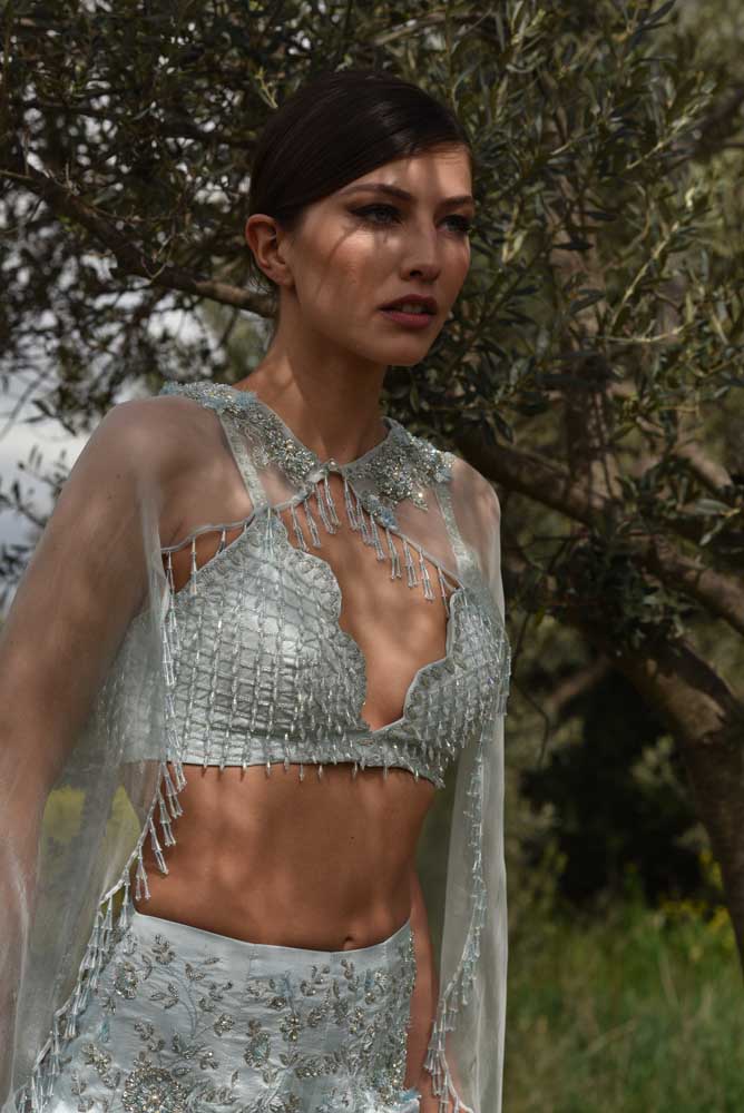 Embroidered Pallazo Pant & Crop Top with Organza Cape (OA-67)