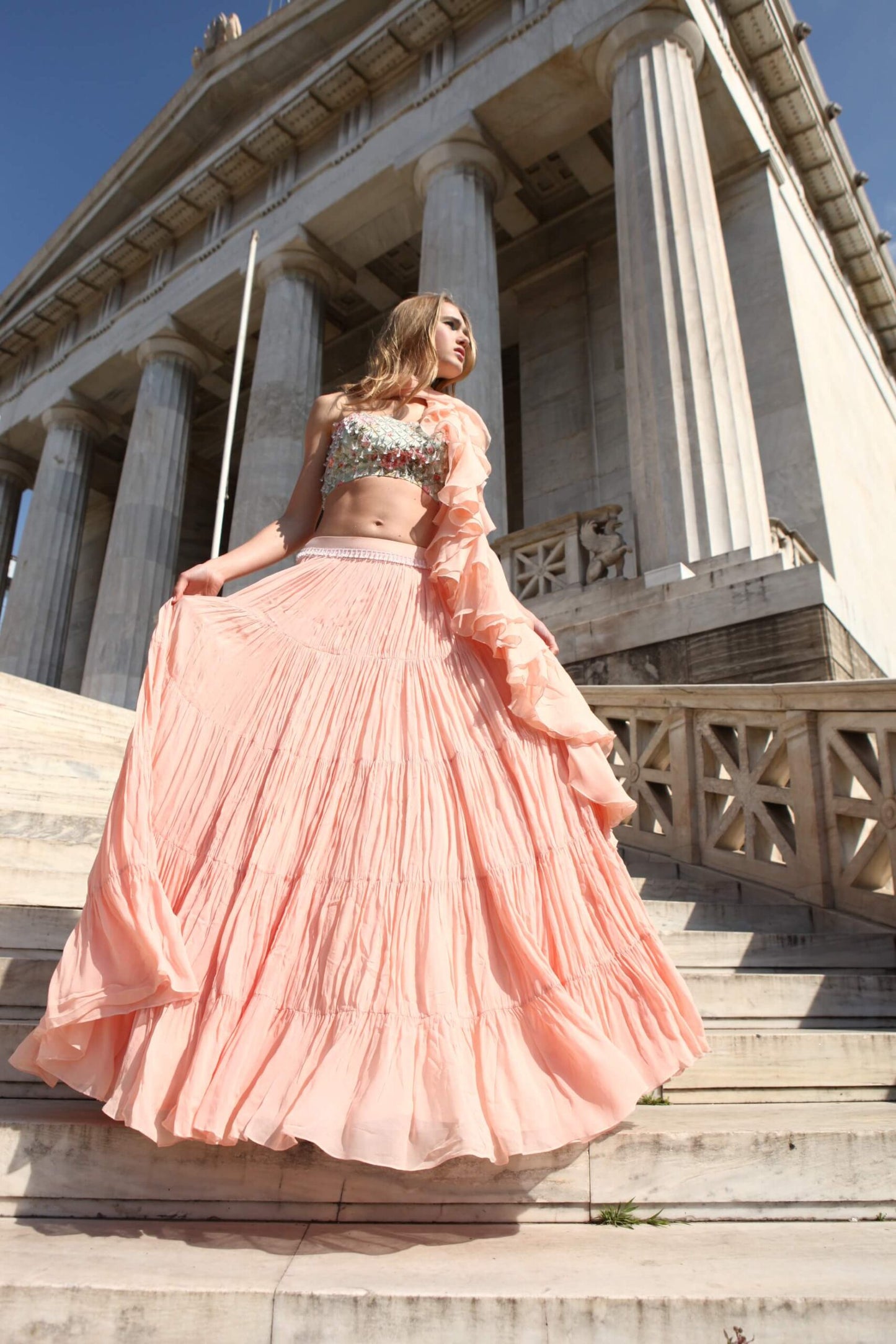 Embroidered Blouse with Peach Layered Skirt & Ruffled Dupatta (RO2000)