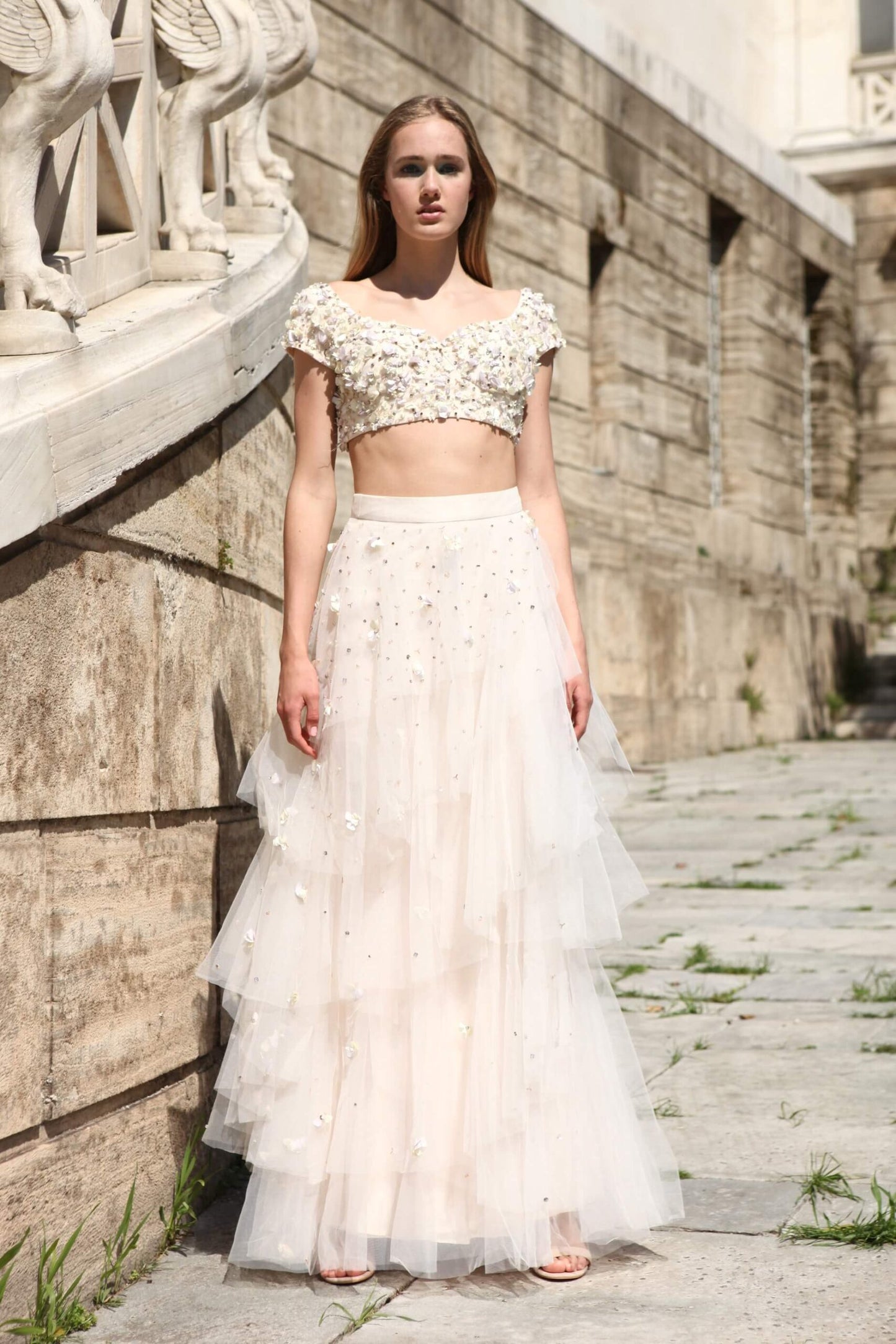 Peach Embellished Choli with Layered Net Skirt (RO2001)