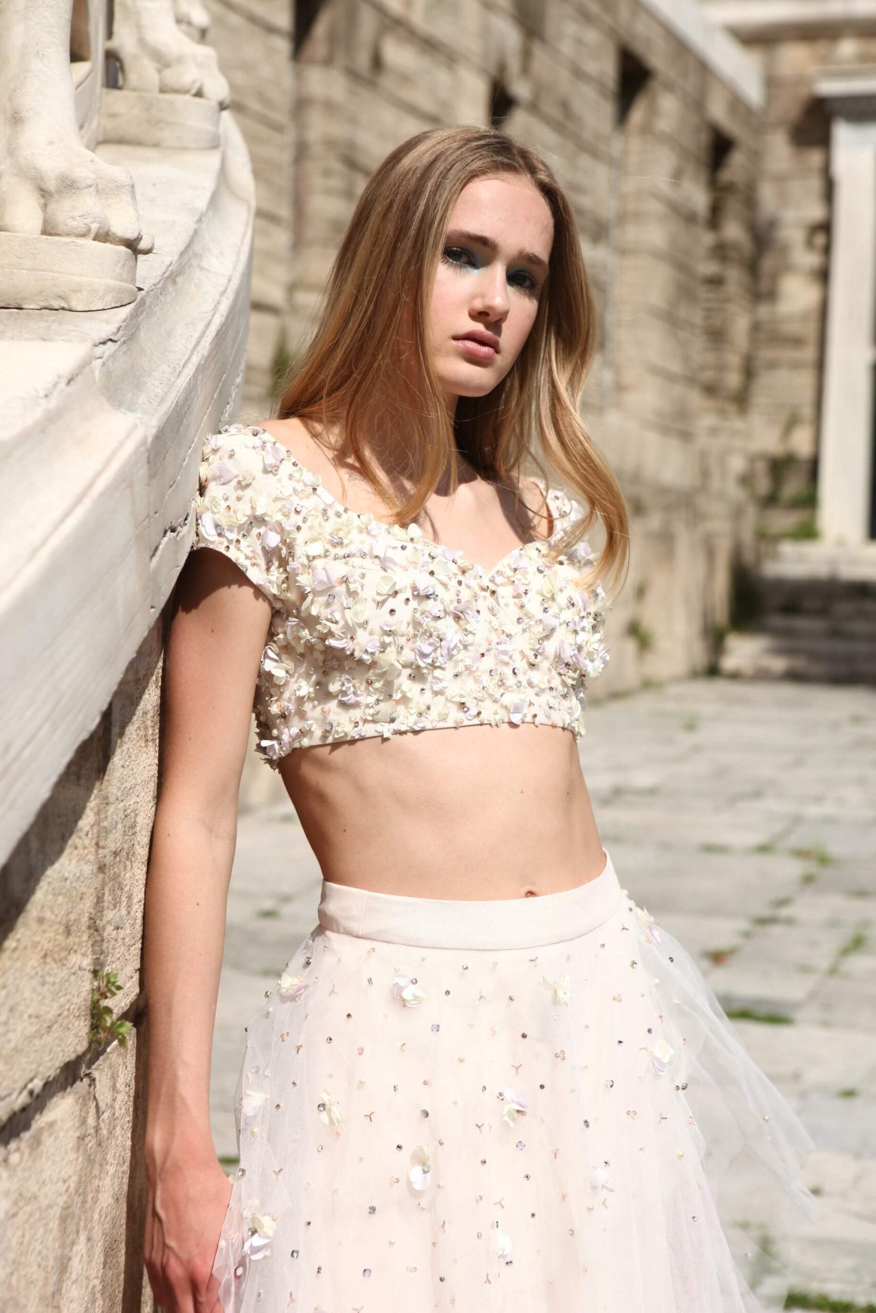 Net Skirt And Crop Top Peach Embellished Choli With Layered Net