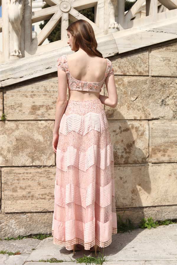 Peach Embroidered Blouse with Net Skirt (R0461)